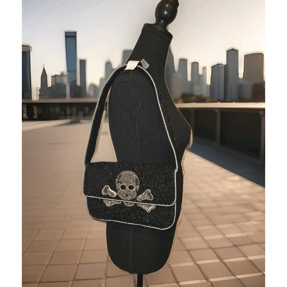 Viral Black Beaded Skull & Crossbones Shoulder Bag Made In India 9.5x6.5